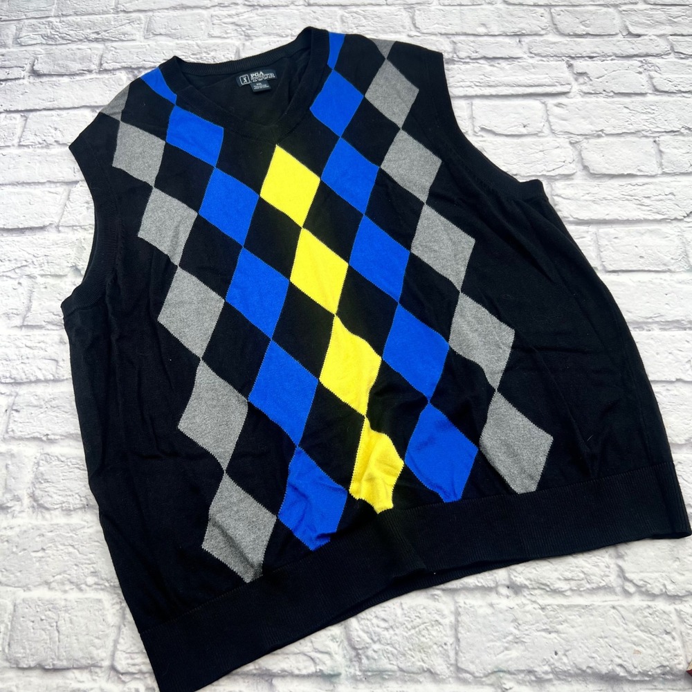 PGA Tour Mens XXL Argyle Sweater Vest Black Blue Yellow V-Neck Golf Knit